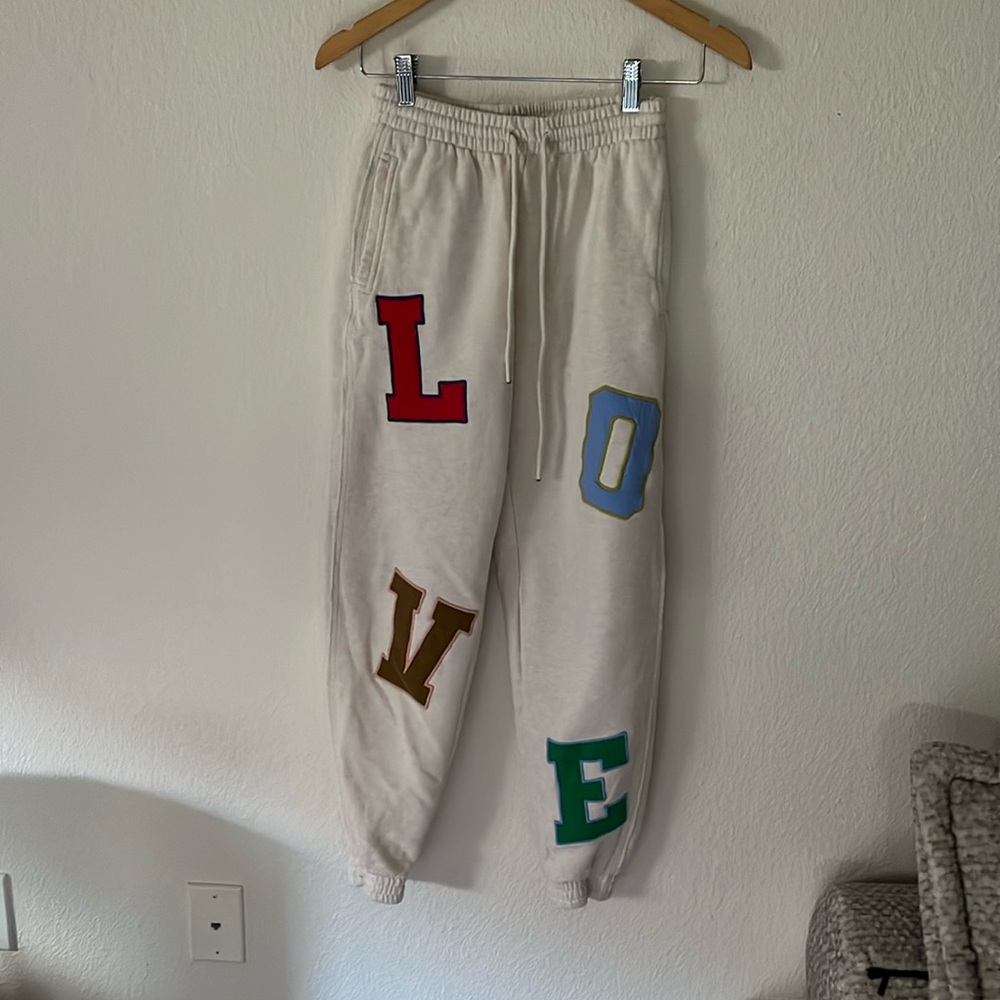 aerie Cream Sweatpants with Multicolor Letter Patches